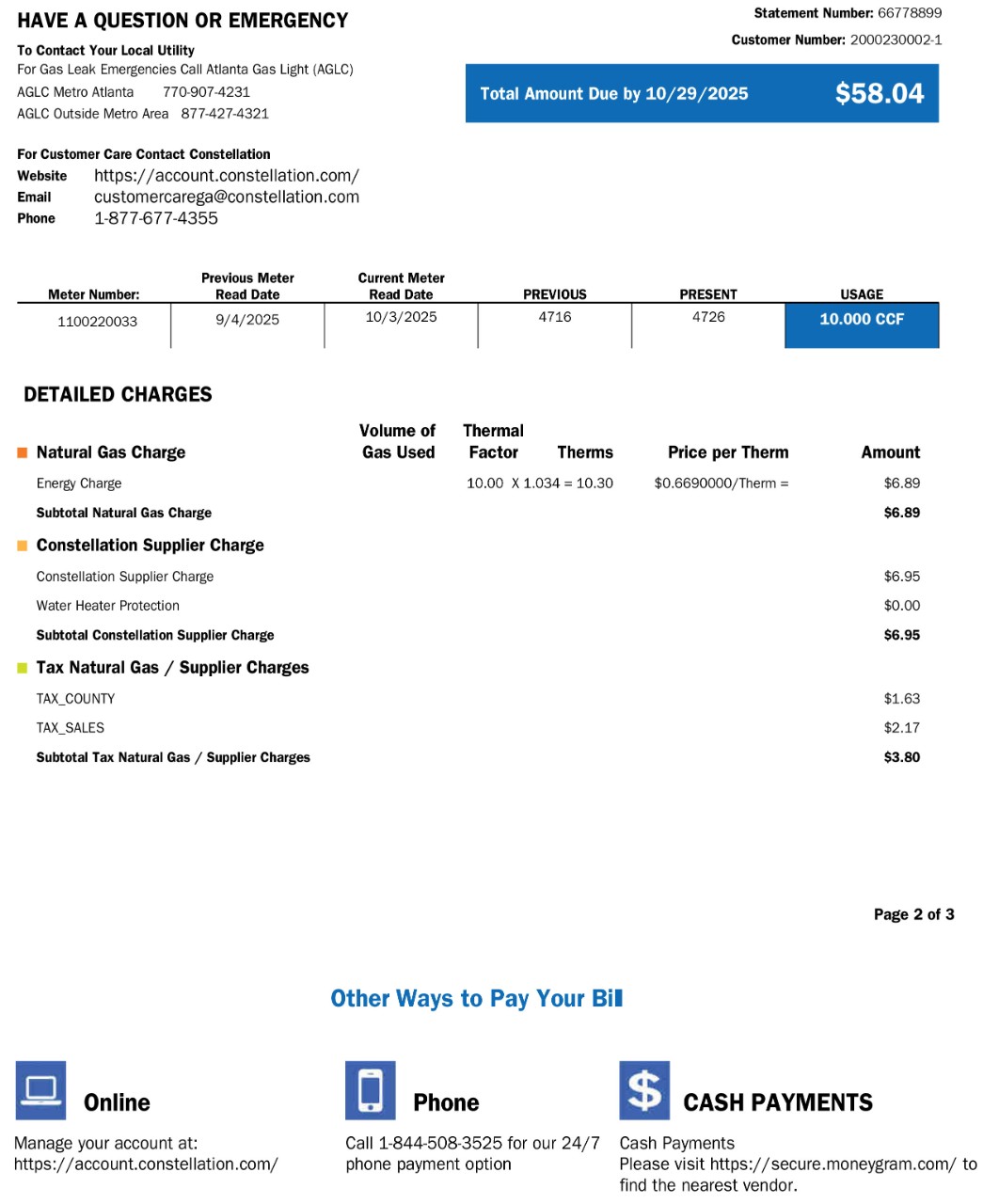 Sample bill showing AGL charges page 2